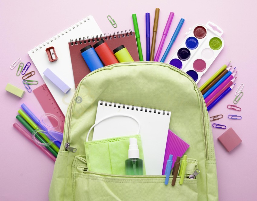 Top view back school stationery with backpack pencils