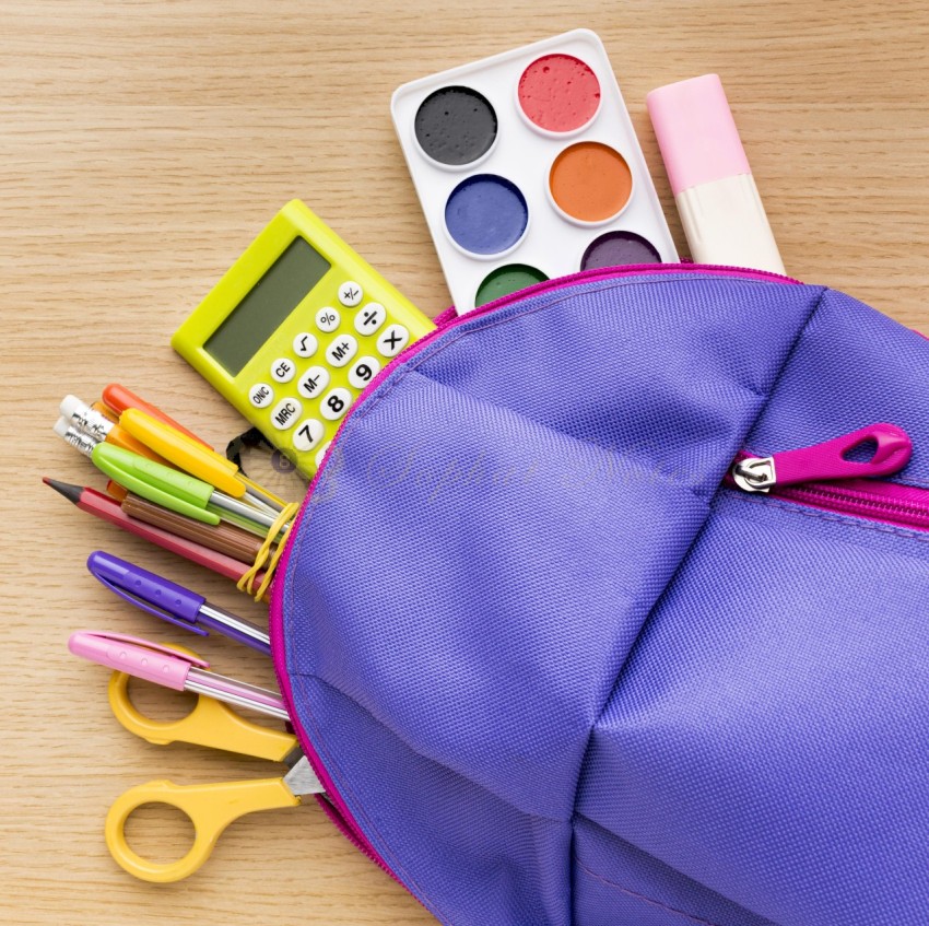 Top view back school supplies with backpack