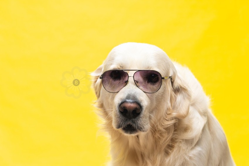 White golden retriever posing in studio with street clothes and glasses, musical artist look