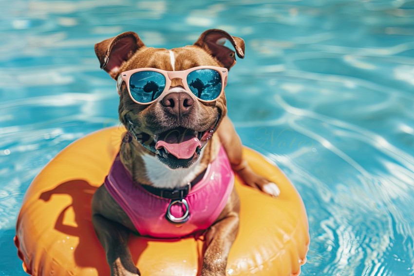 Happy dog with sunglasses and floating ring