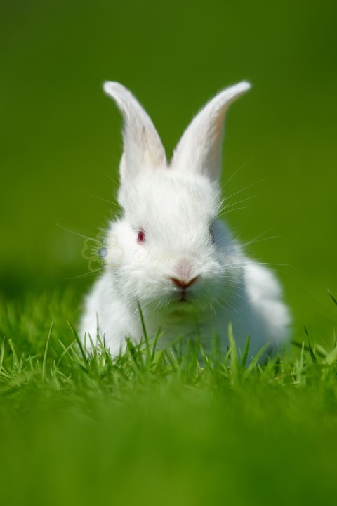 Funny  little white rabbit on spring green grass